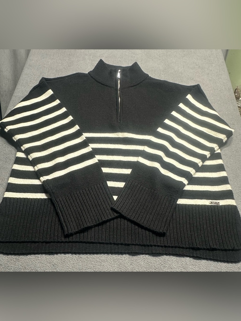 DKNY Black and Cream Striped Half-Zip Turtleneck Sweater